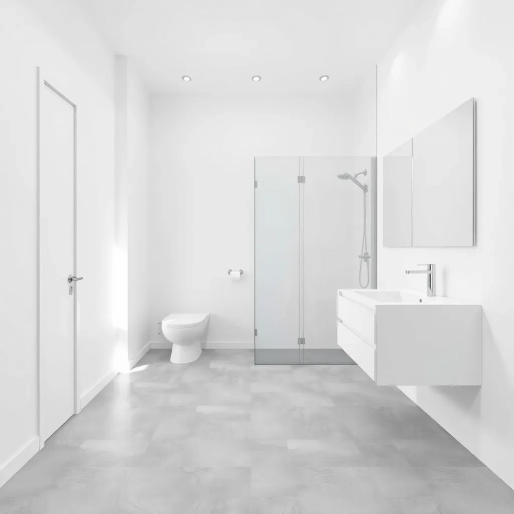 Biała łazienka z szarą podłogą