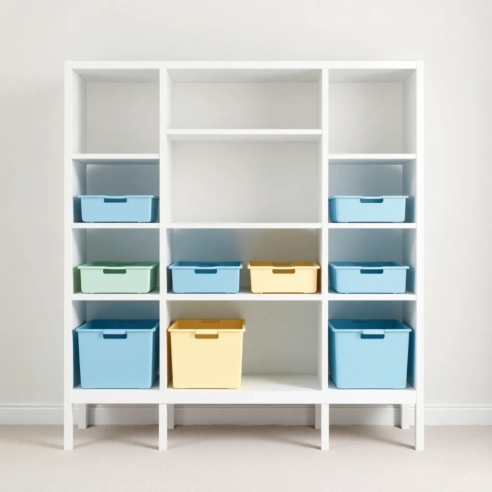 Biały regał na zabawki z pojemnikami