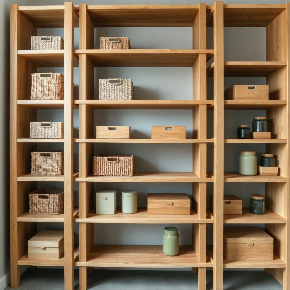 Drewniany regał z pojemnikami
