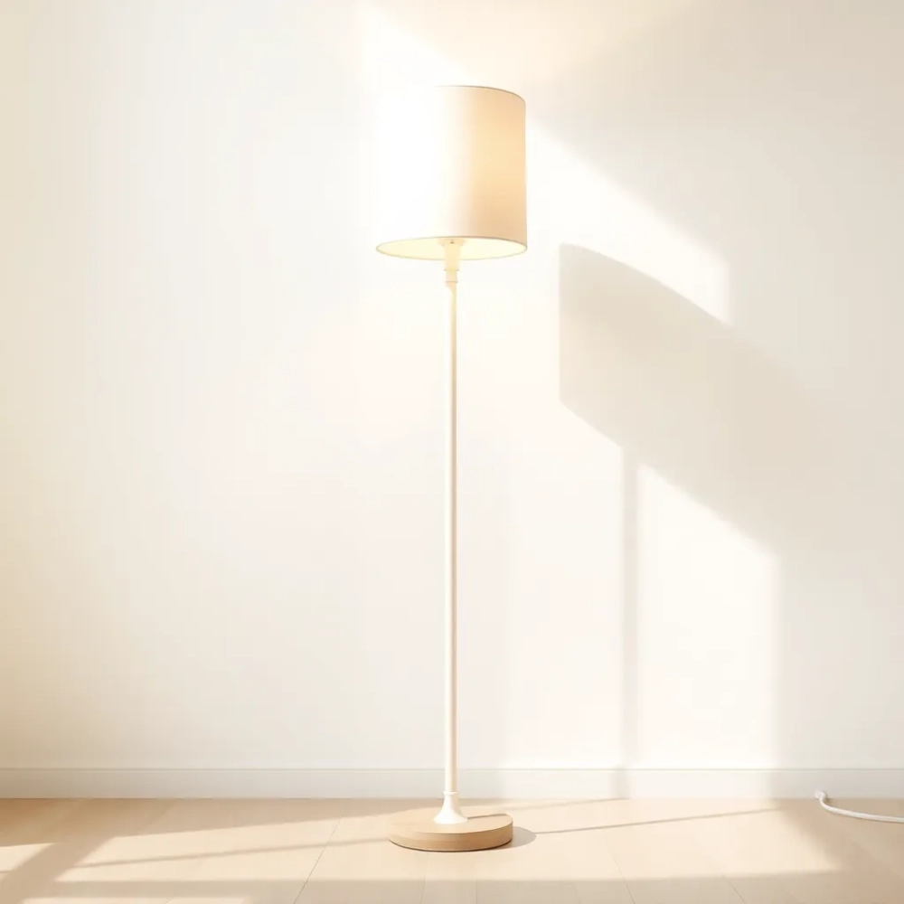 Lampa podłogowa biała z drewnem