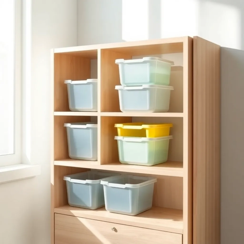 Regał na zabawki z pojemnikami plastikowymi