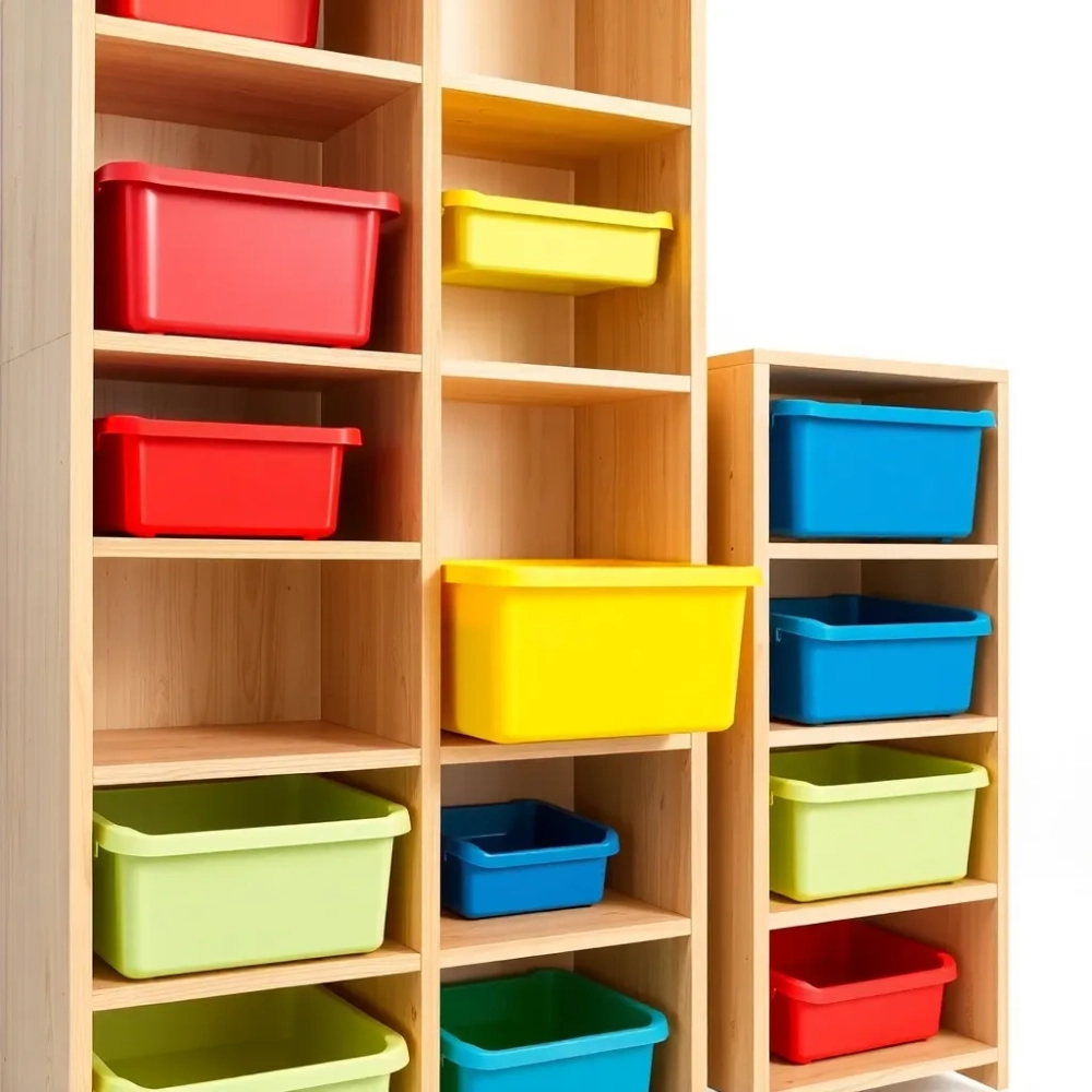 Regał z pojemnikami na zabawki Drewniany