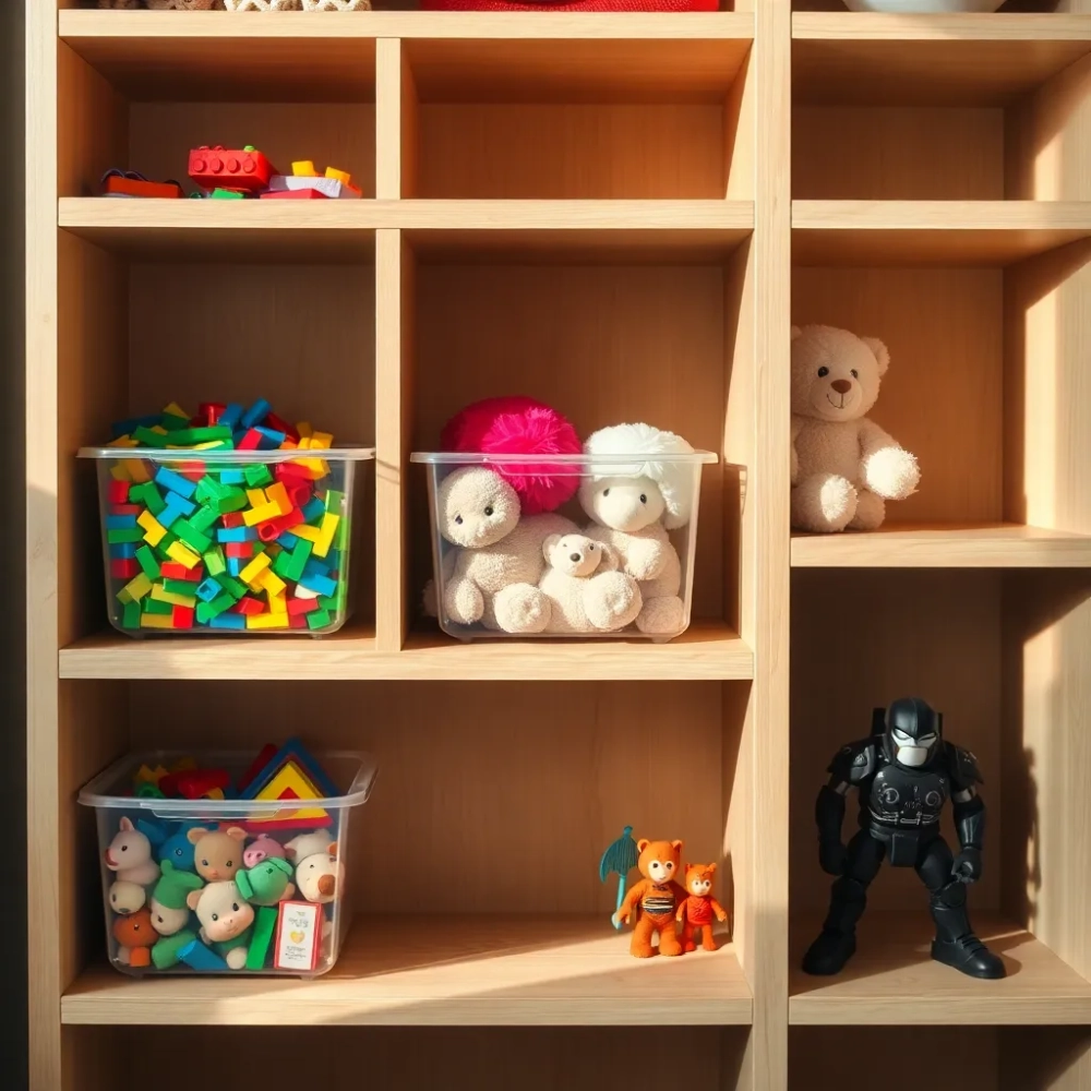 Regał z pojemnikami na zabawki
