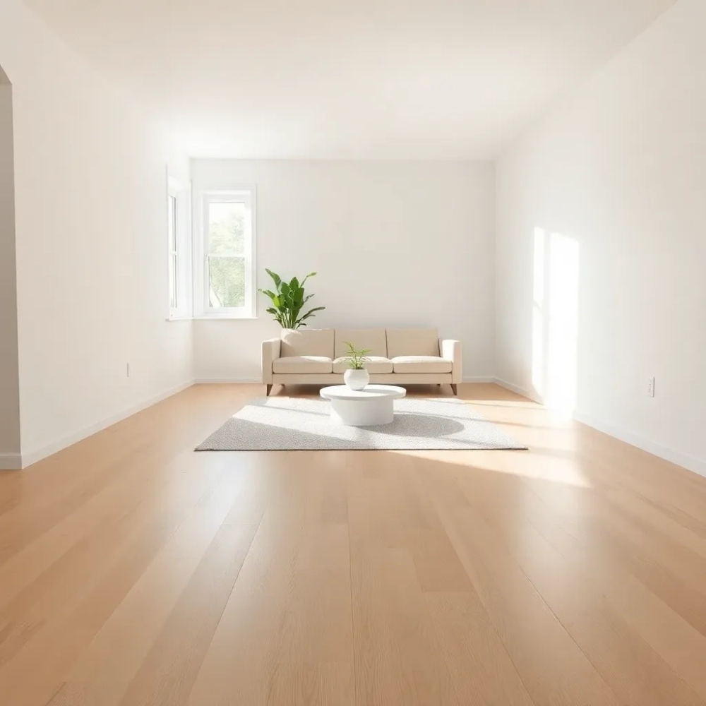 Salon z jasną drewnianą podłogą