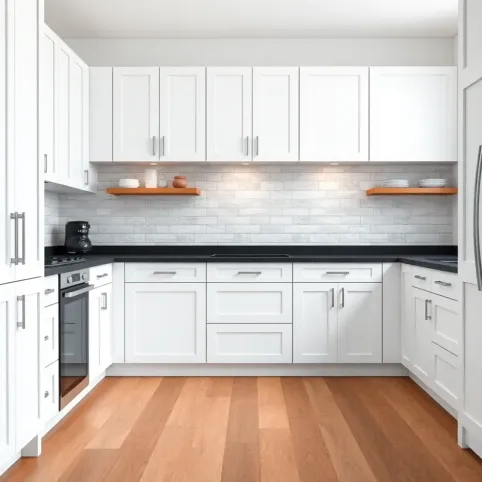 Biała kuchnia z czarnym blatem jaka podłoga