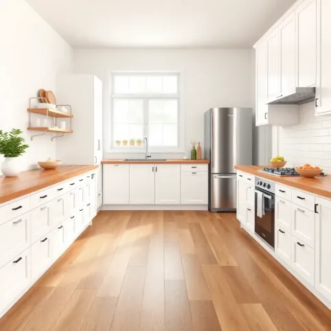 Biała kuchnia z drewnianym blatem  jaka podłoga