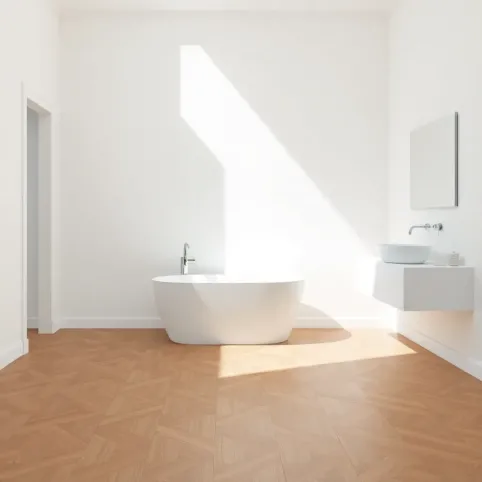 Biała łazienka z drewnianą podłogą