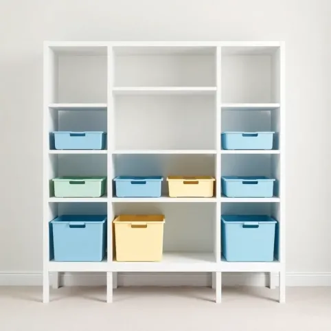 Biały regał na zabawki z pojemnikami