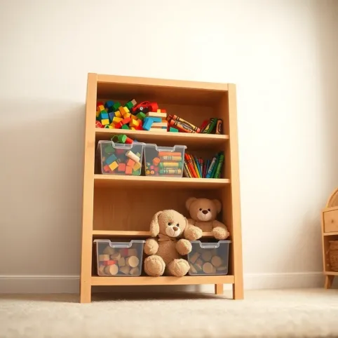 Drewniany regał na zabawki z pojemnikami