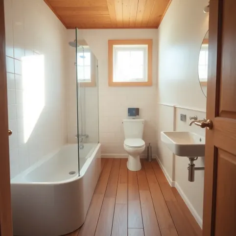 Mała łazienka z drewniana podłoga