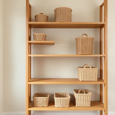 Regał z koszykami wiklinowymi