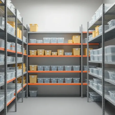 Regał z pojemnikami plastikowymi