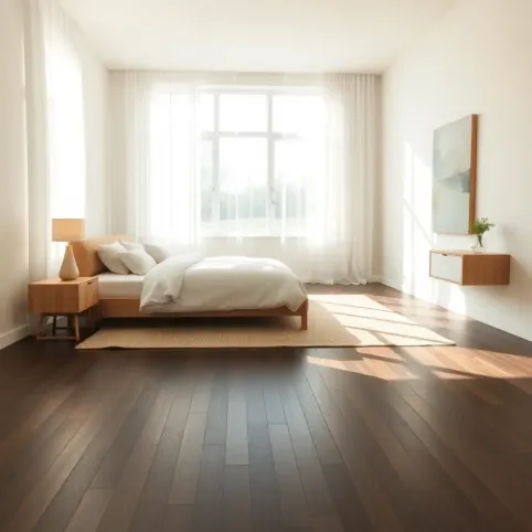 Sypialnia z ciemną podłogą