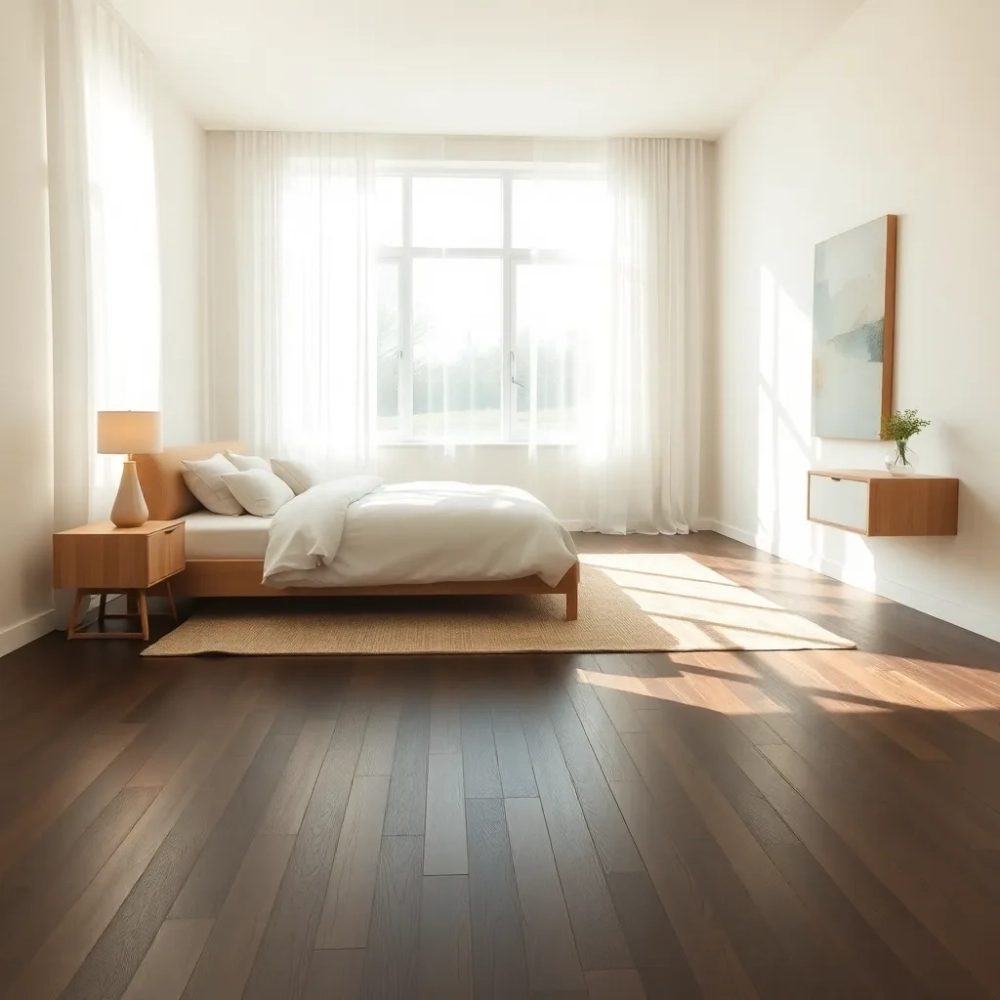 Sypialnia z ciemną podłogą
