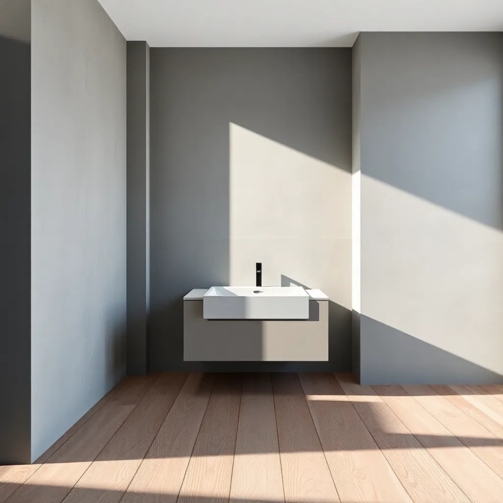 Szara łazienka z drewnianą podłogą